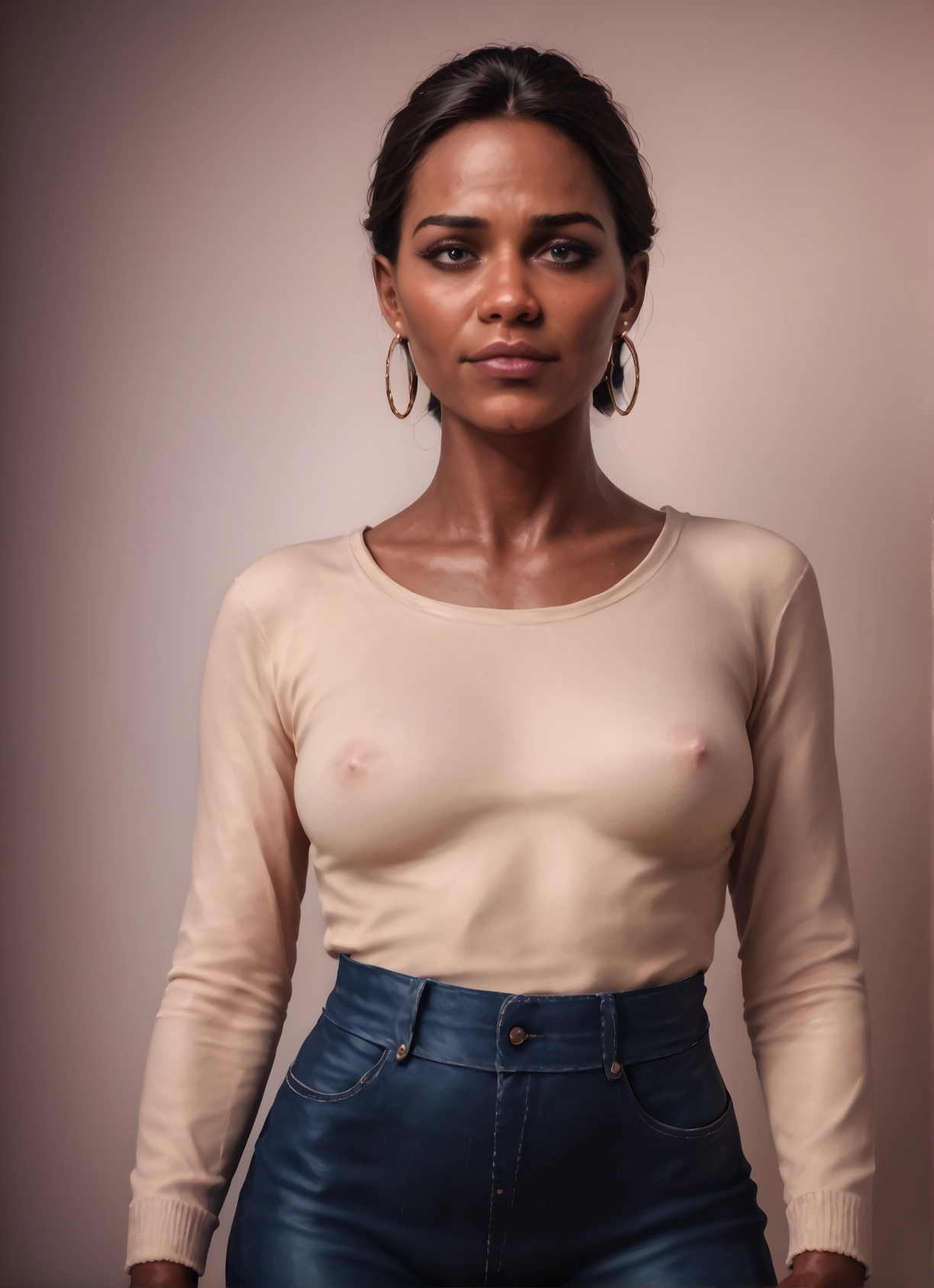 1girl, solo, jewelry, earrings, breasts, hoop earrings · Yamete.gg