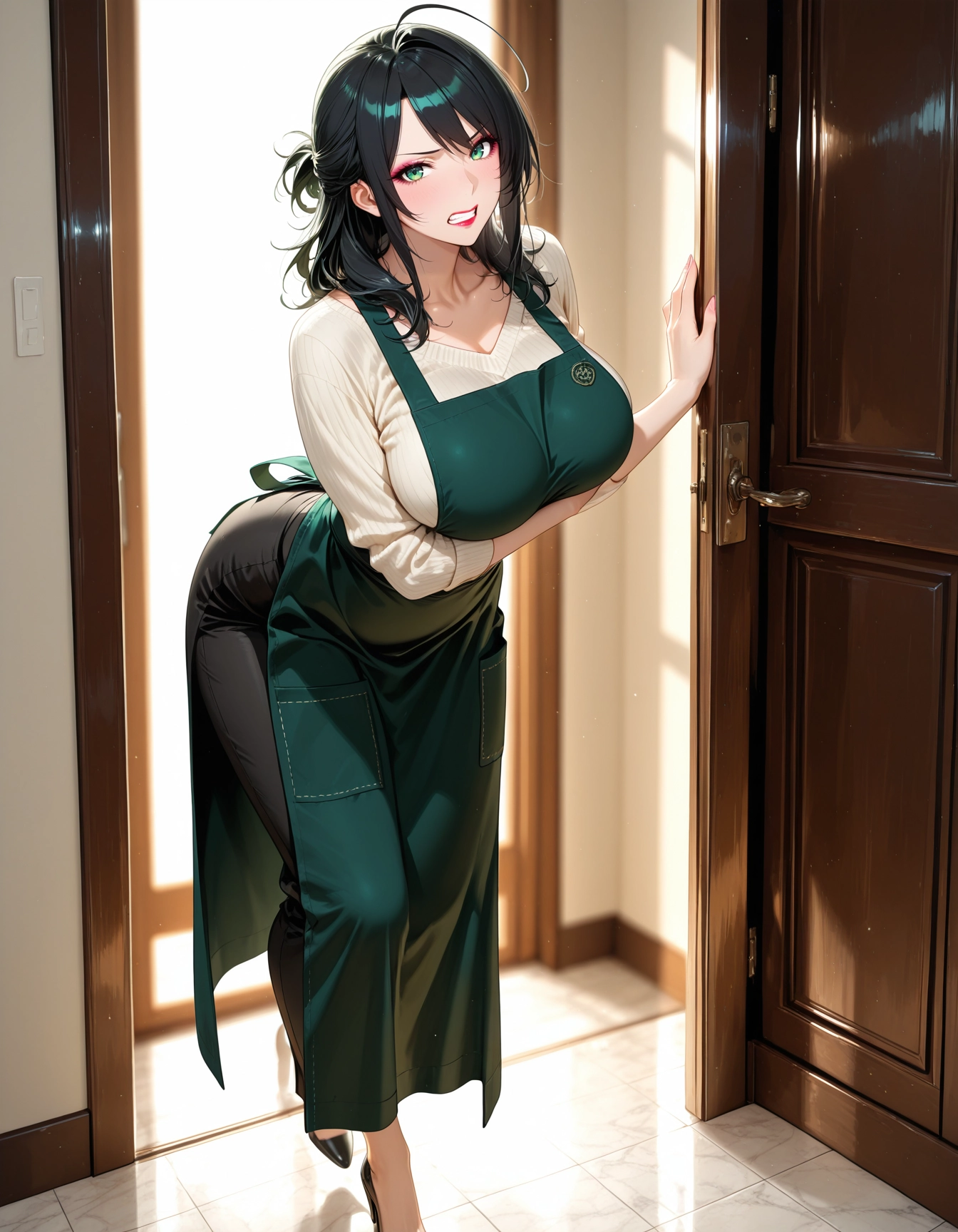 1girl, breasts, apron, large breasts, pants, solo · Yamete.gg