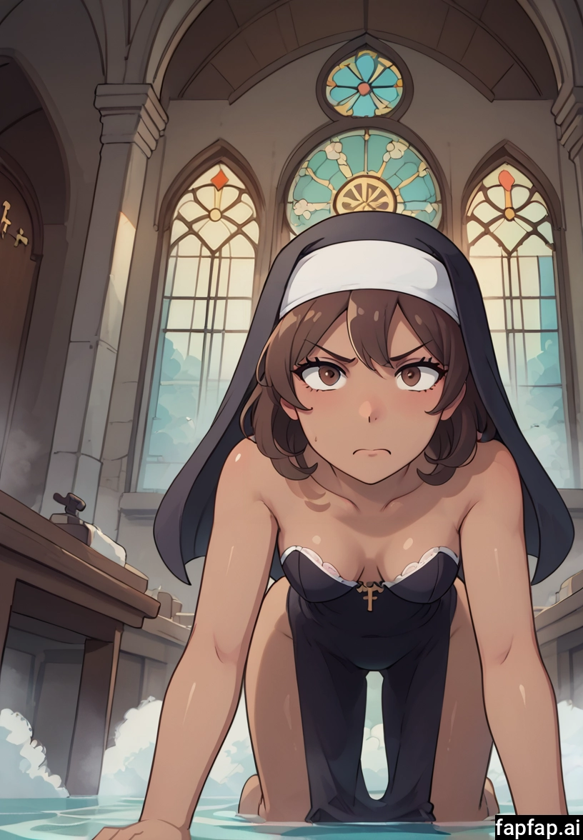 1girl, breasts, brown hair, solo, brown eyes, nun · Yamete.gg