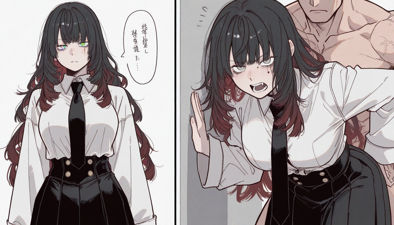 1girl, necktie, 1boy, shirt, black hair, breasts