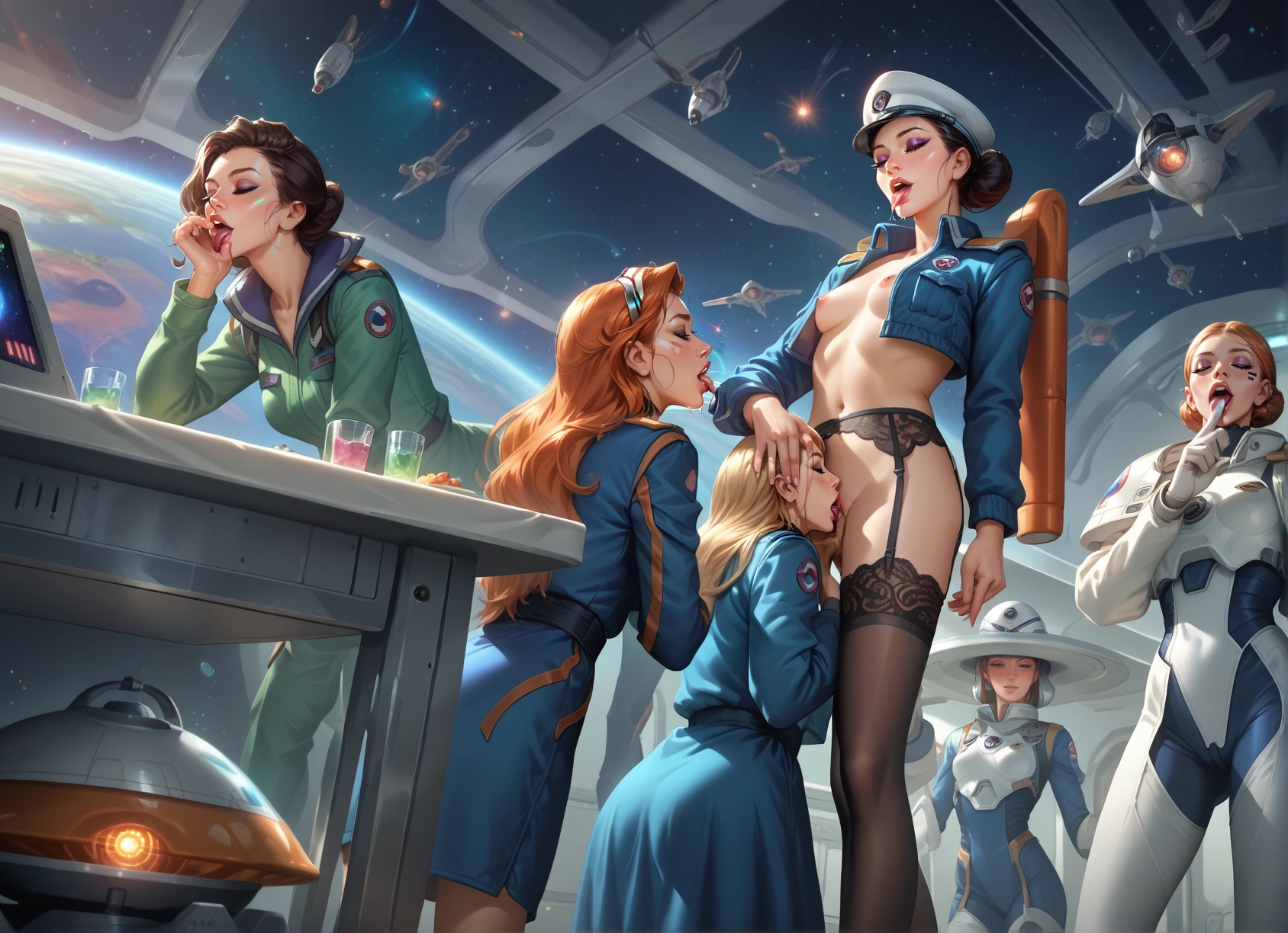 futanari, multiple girls, breasts, oral, yuri, thighhighs · Yamete.gg
