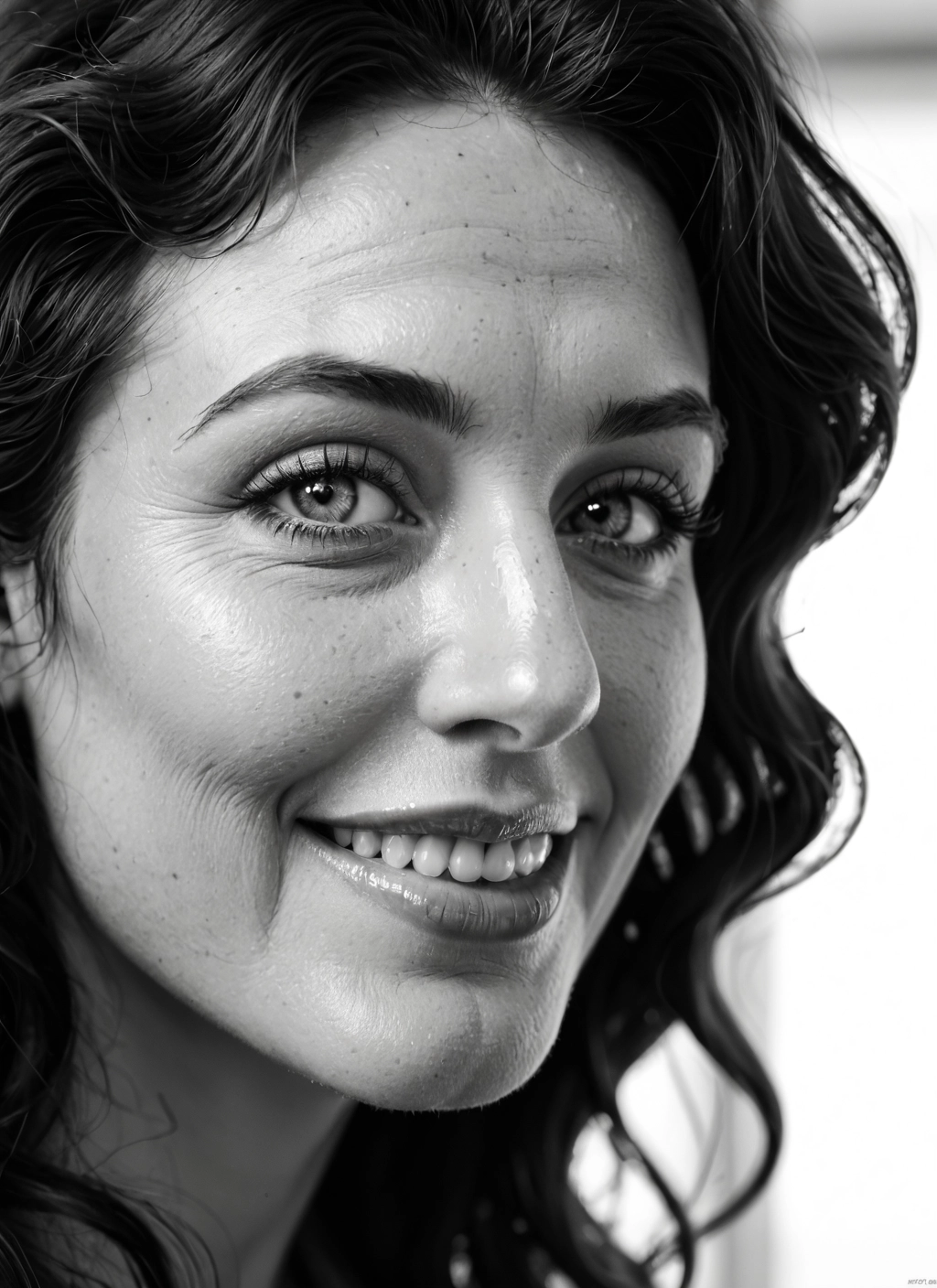 monochrome, greyscale, solo, 1girl, smile, realistic · Yamete.gg