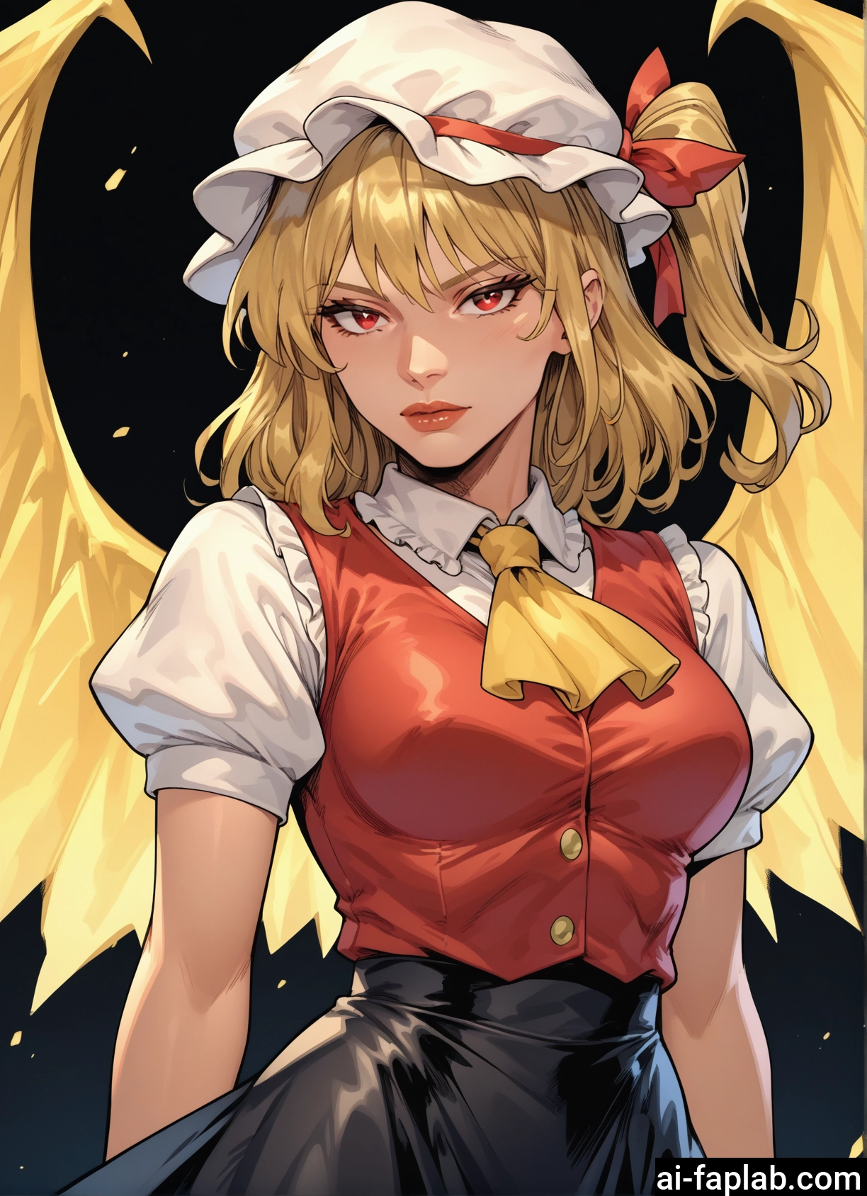 1girl, solo, blonde hair, hat, wings, red eyes · Yamete.gg