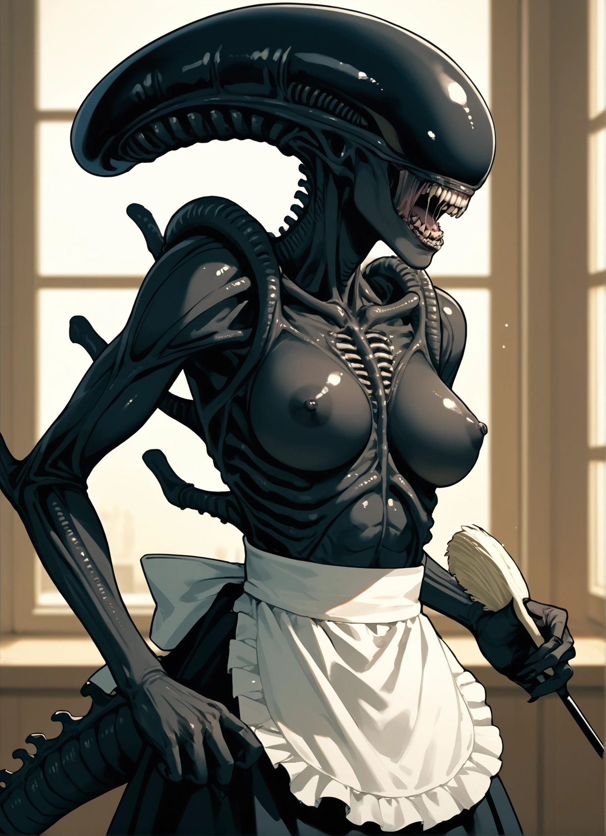 1girl, breasts, apron, nipples, teeth, maid · Yamete.gg