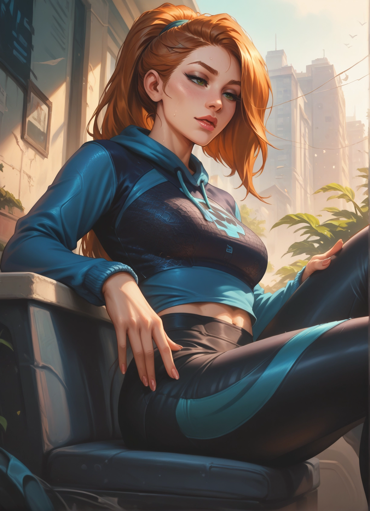 1girl, solo, hood, sitting, breasts, hoodie · Yamete.gg