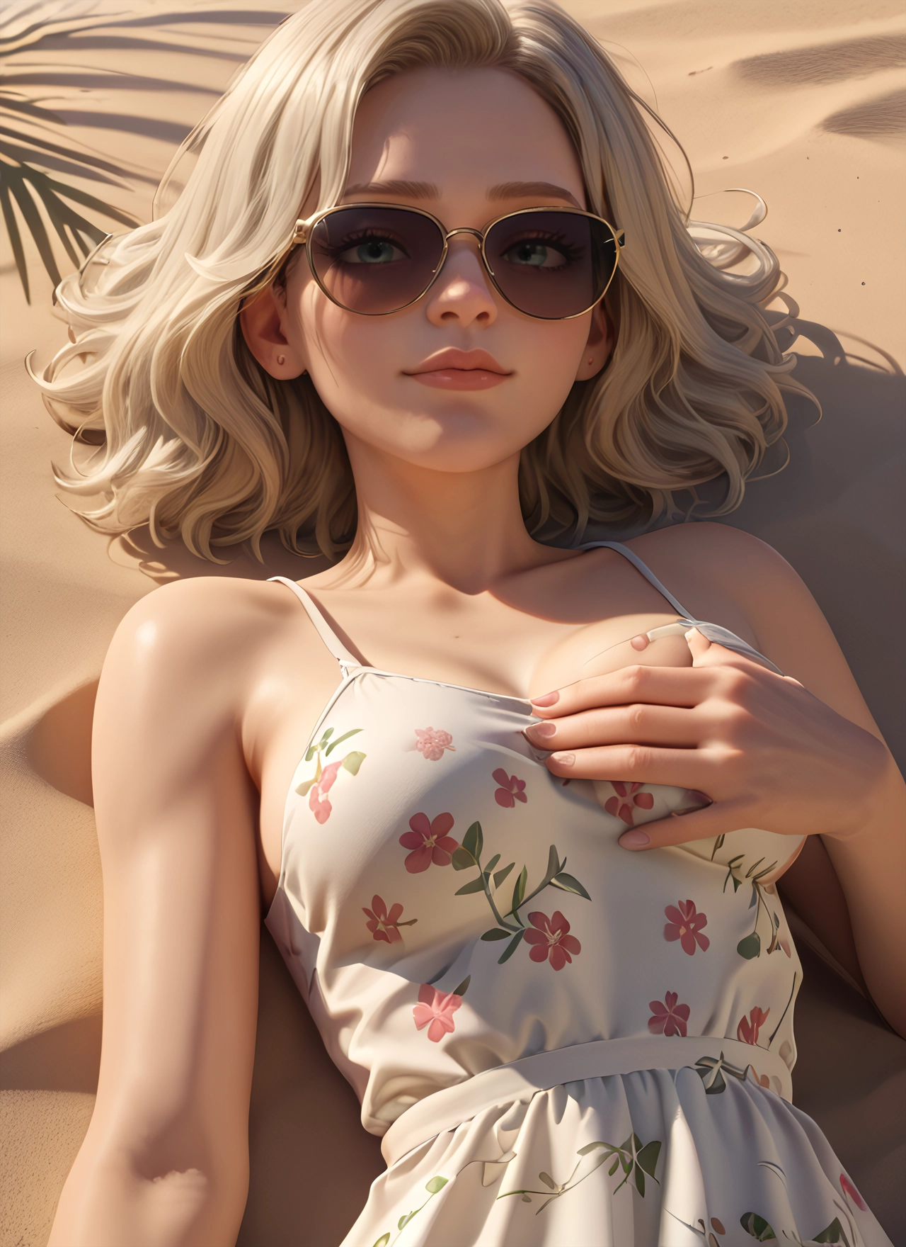1girl, solo, dress, breasts, sunglasses, on back