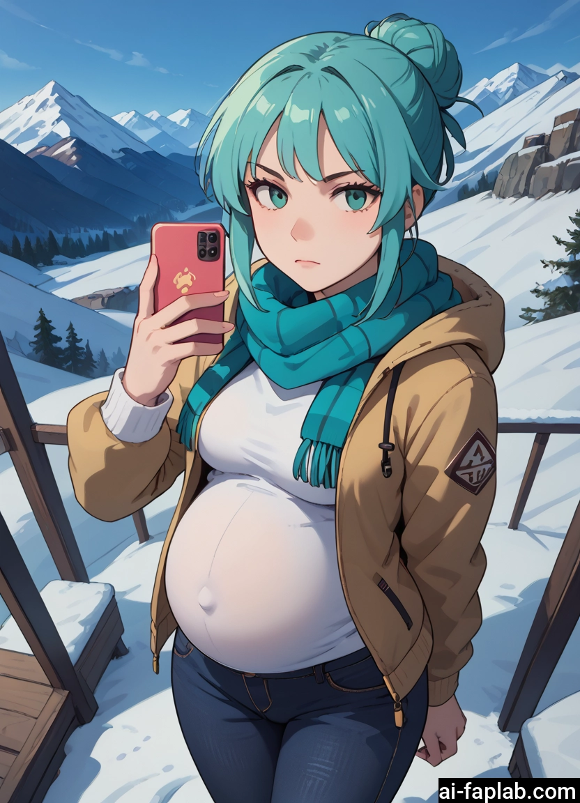 1girl, phone, scarf, cellphone, pants, pregnant · Yamete.gg