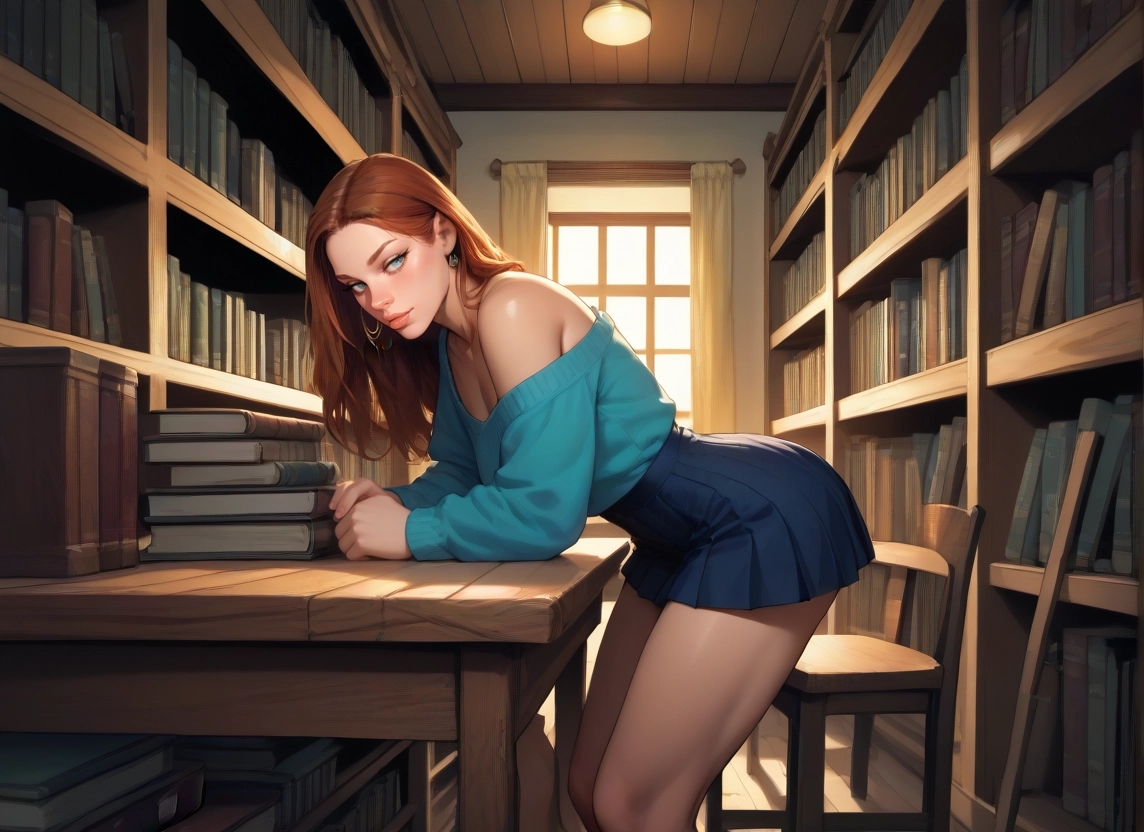 1girl, jewelry, skirt, earrings, solo, book · Yamete.gg