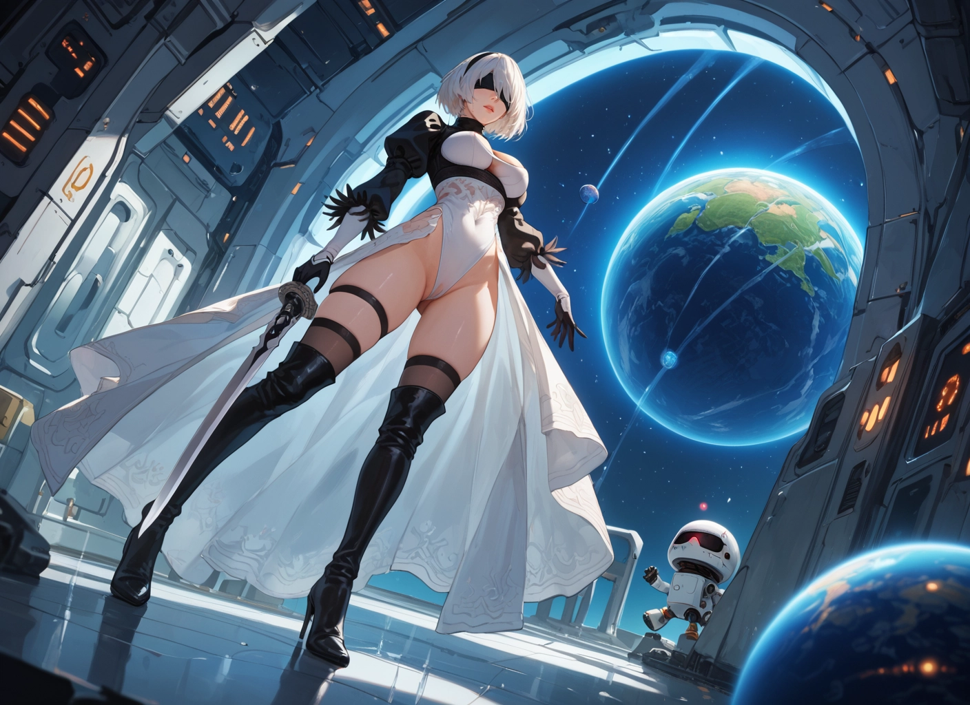 1girl, blindfold, weapon, sword, thighhighs, boots · Yamete.gg