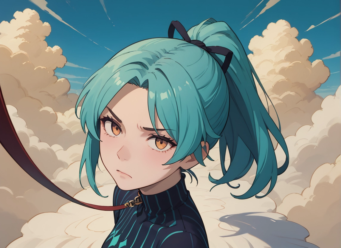 1girl, solo, ponytail, leash, cloud, sky · Yamete.gg