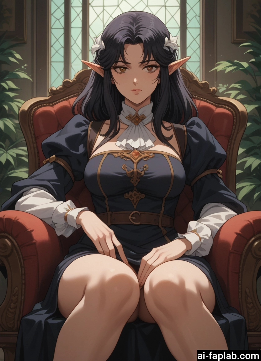 1girl, pointy ears, breasts, sitting, solo, hair ornament