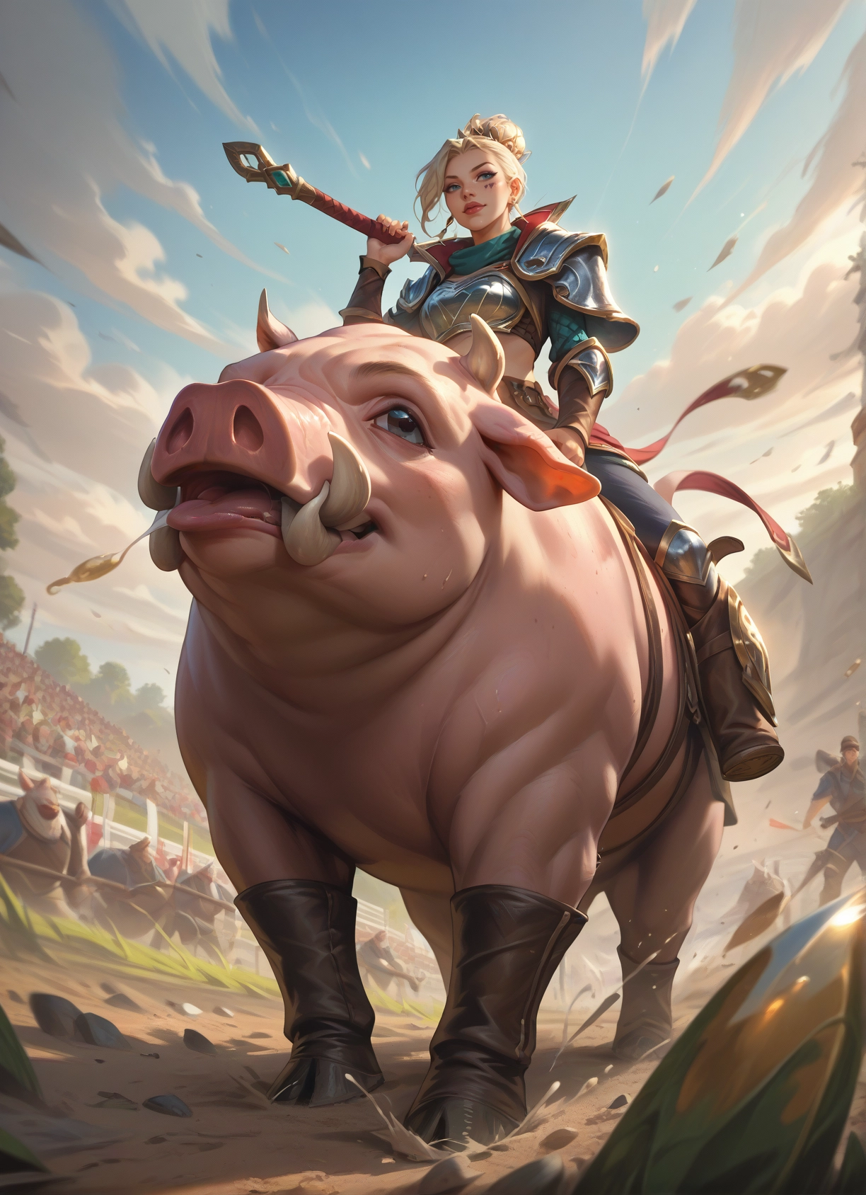 blonde hair, armor, 1girl, blue eyes, weapon, boots · Yamete.gg