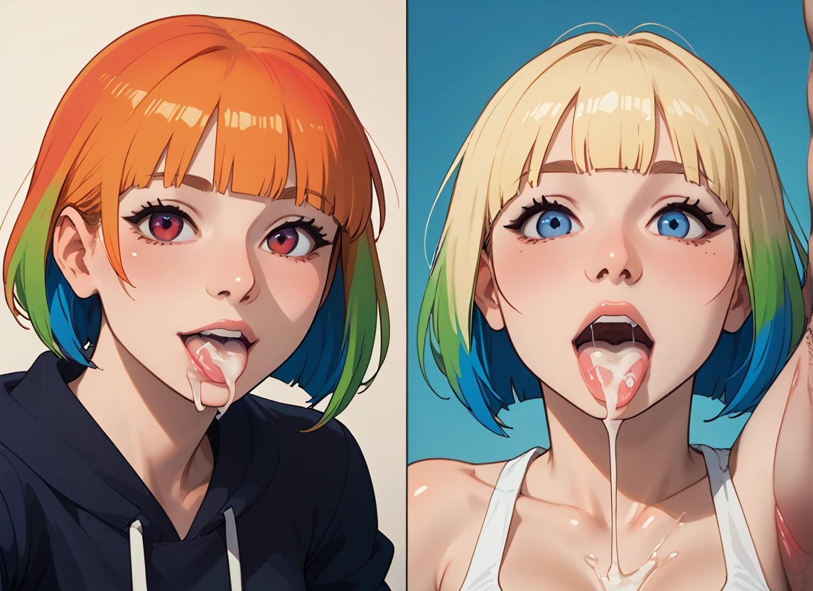 cum, cum in mouth, multicolored hair, multiple girls, 2girls, blue eyes · Yamete.gg