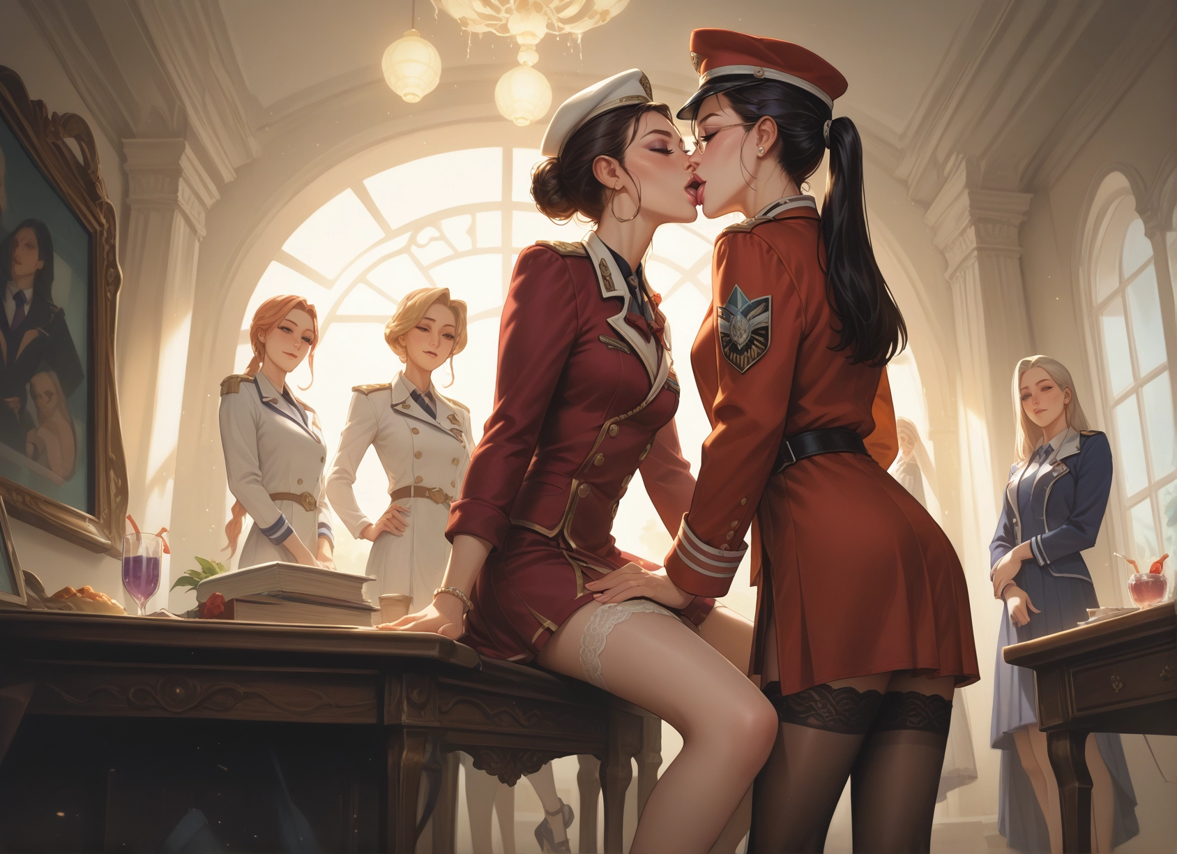 multiple girls, kiss, yuri, thighhighs, hat, uniform · Yamete.gg