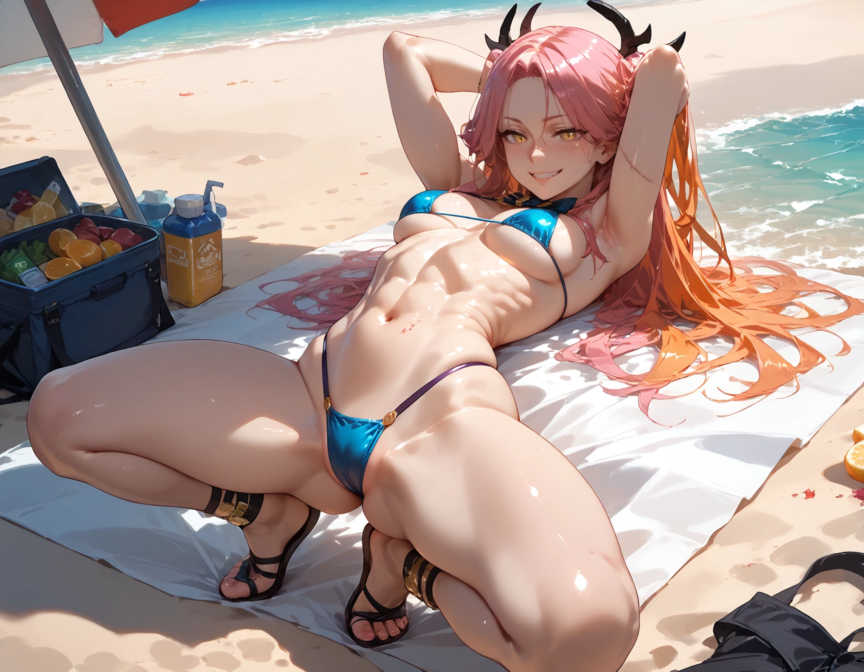 1girl, smile, beach, breasts, solo, swimsuit · Yamete.gg