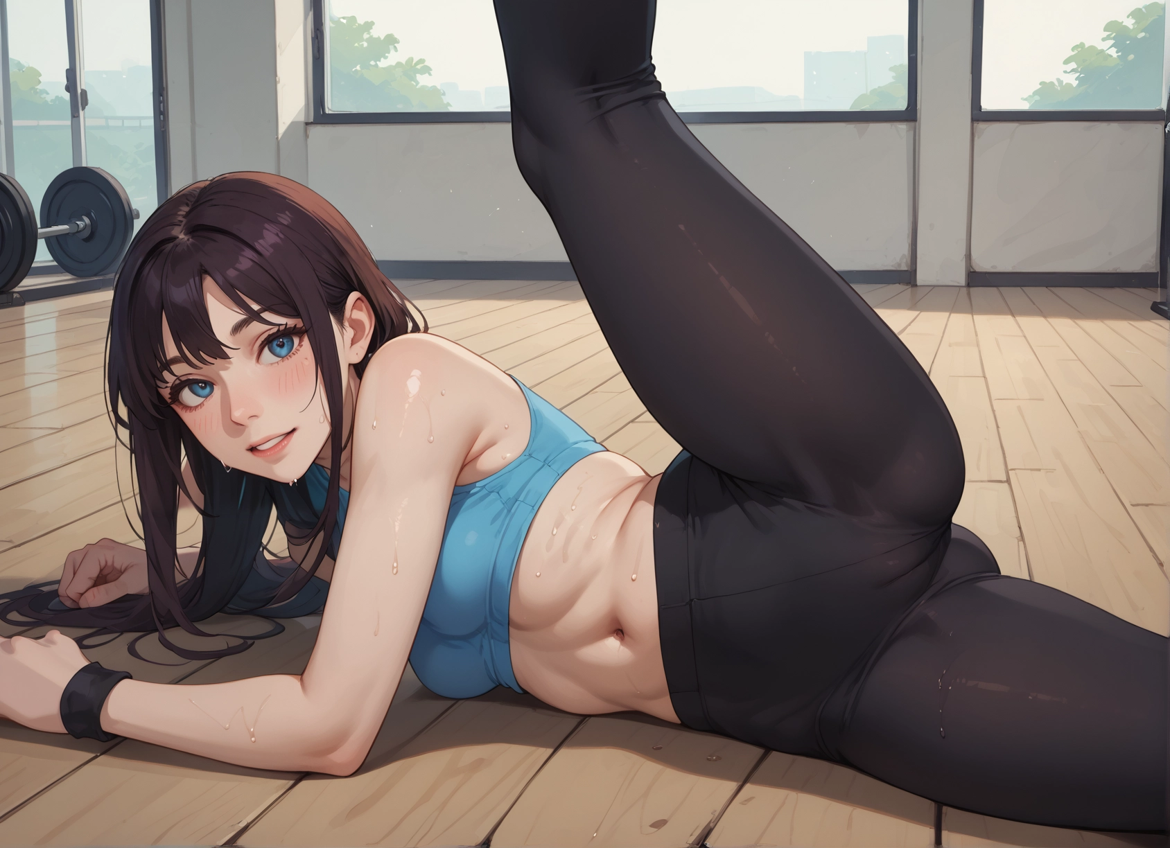 1girl, solo, blue eyes, long hair, sweat, breasts