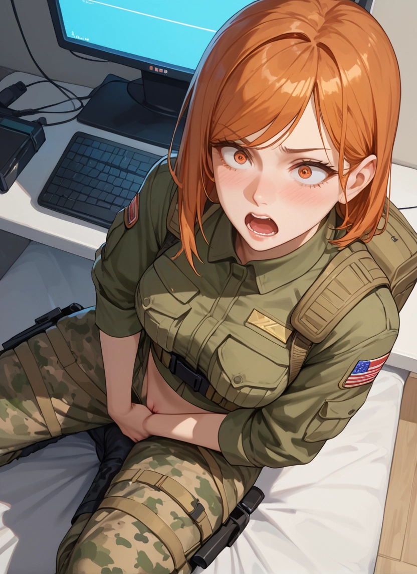1girl, solo, orange hair, open mouth, sitting, pants · Yamete.gg