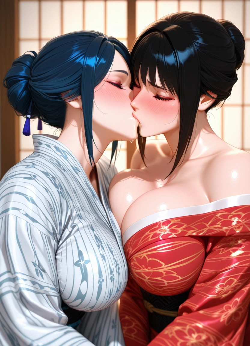 breasts, multiple girls, 2girls, japanese clothes, yuri, kimono · Yamete.gg