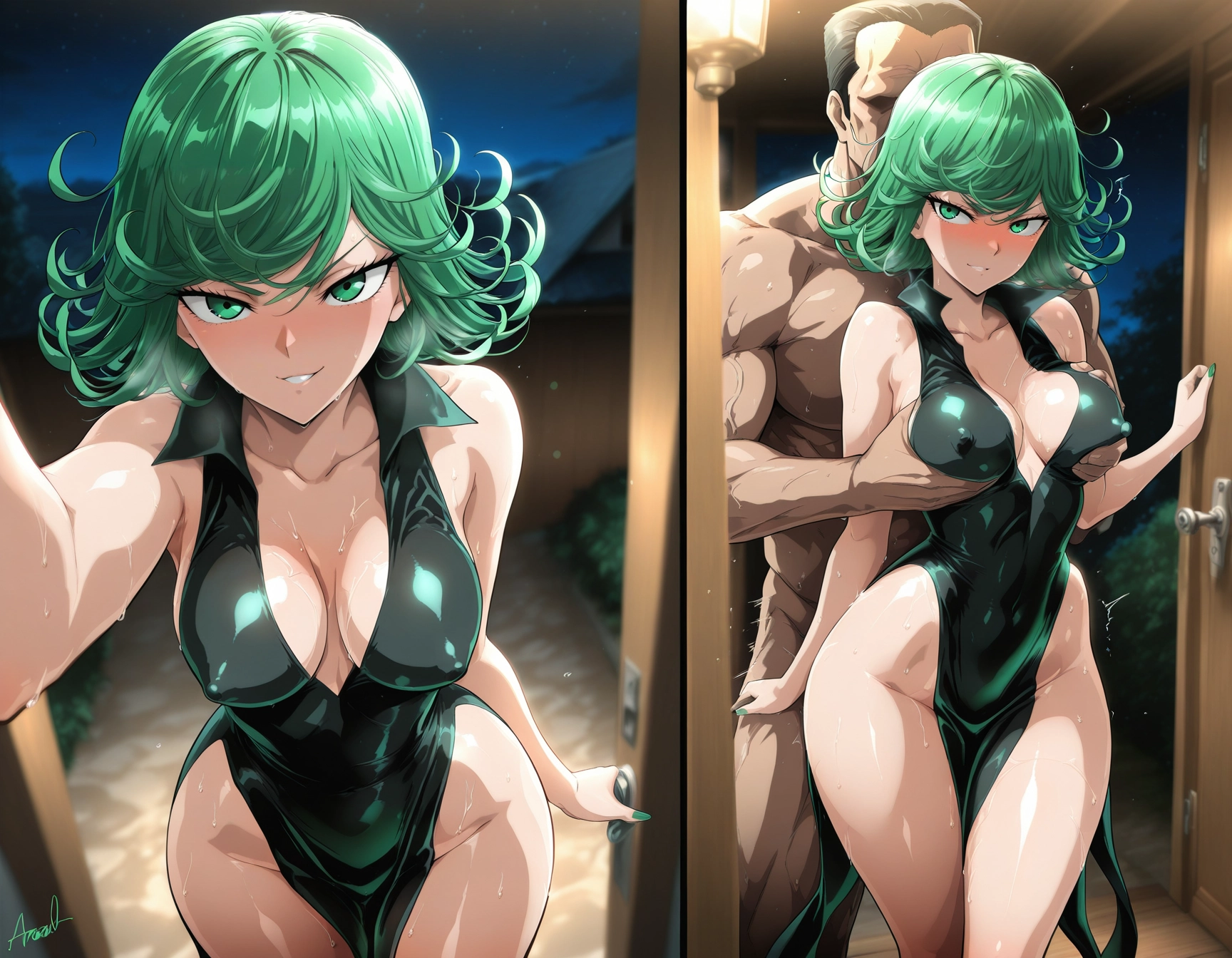 breasts, 1girl, 1boy, green eyes, dress, green hair · Yamete.gg
