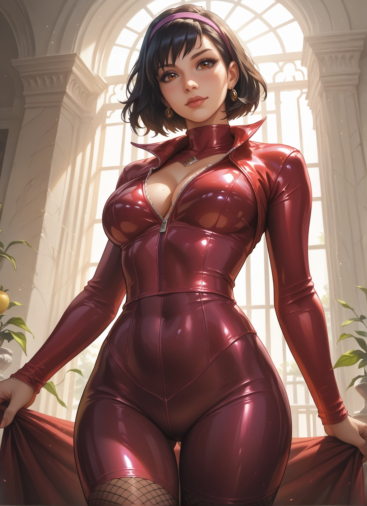 1girl, breasts, jewelry, earrings, bodysuit, solo · Yamete.gg