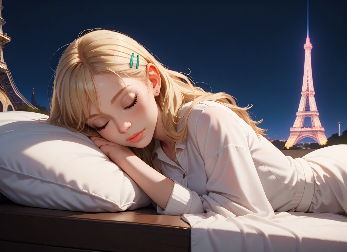 1girl, solo, blonde hair, closed eyes, hair ornament, sleeping
