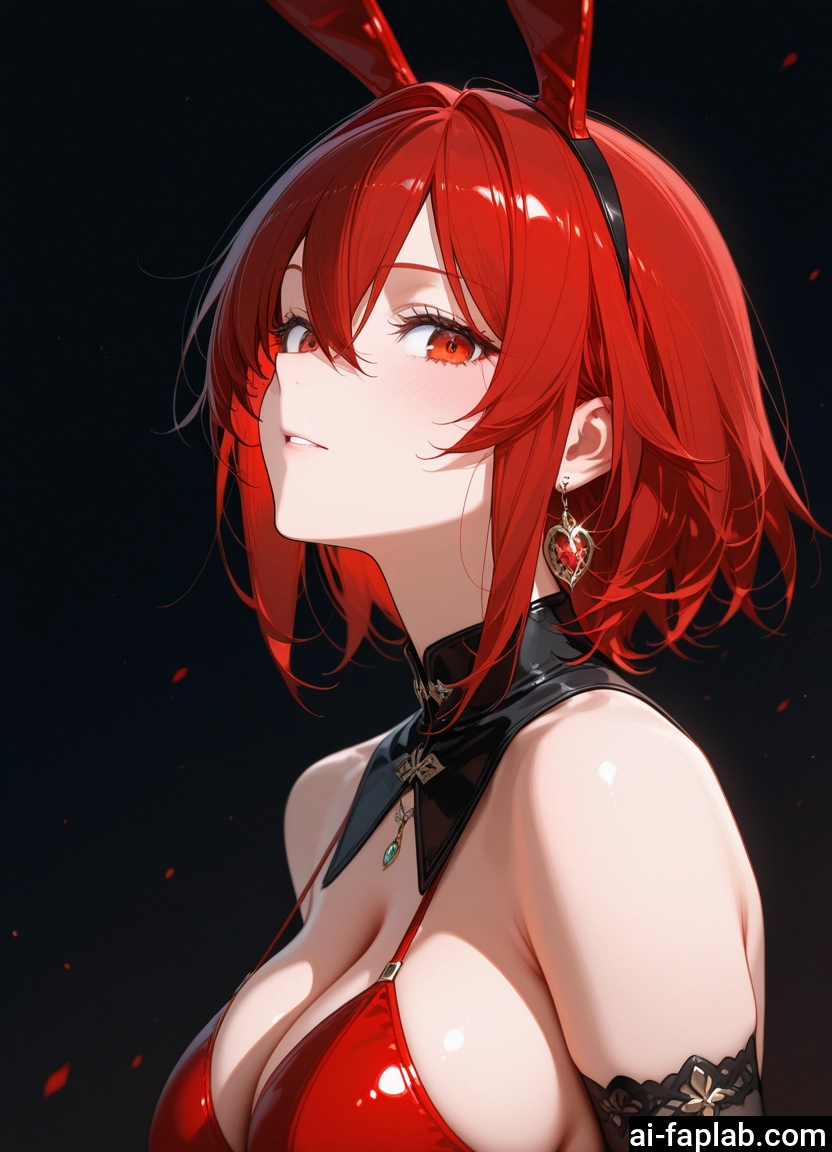 1girl, breasts, red hair, solo, animal ears, red eyes