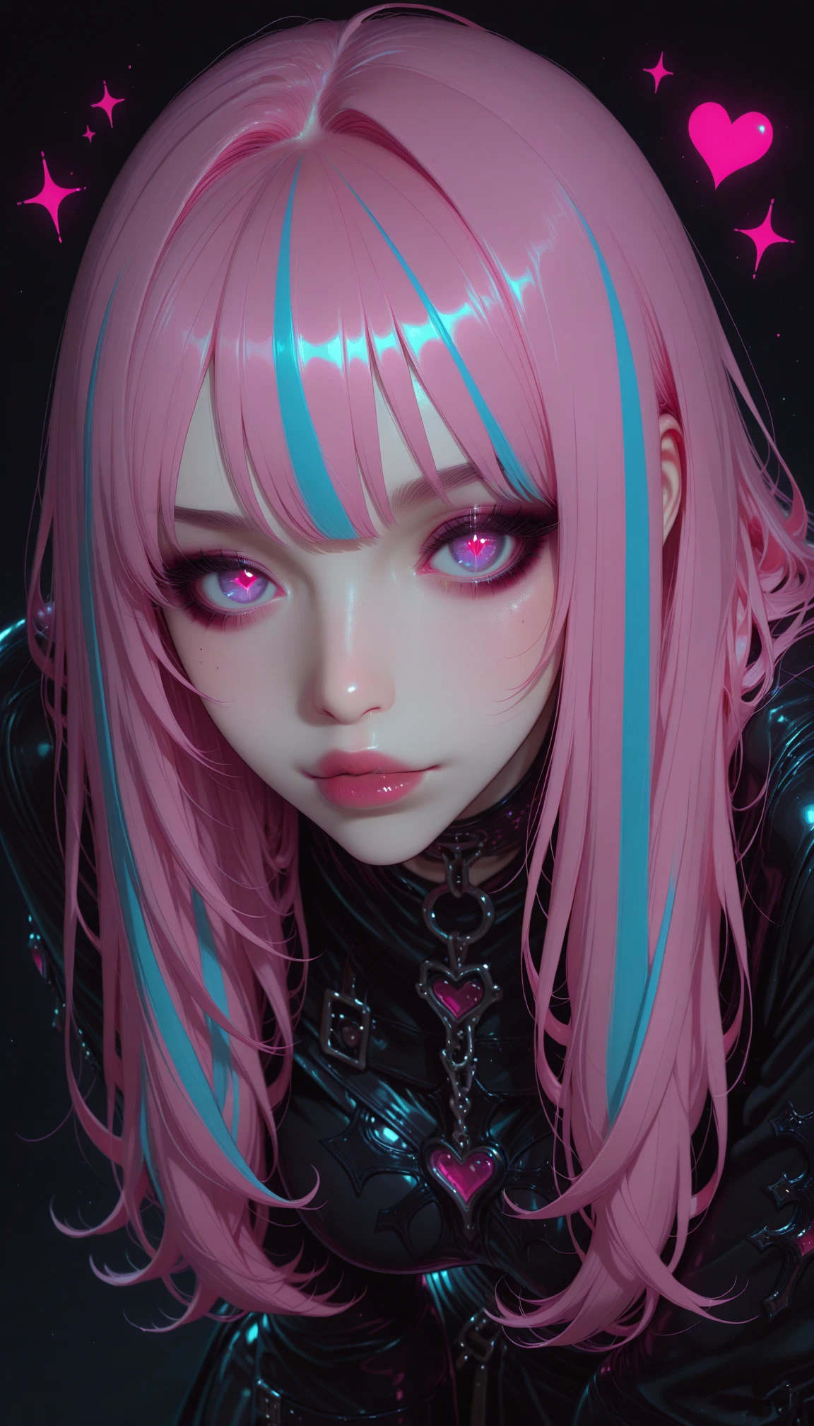 1girl, solo, pink hair, multicolored hair, heart, looking at viewer · Yamete.gg