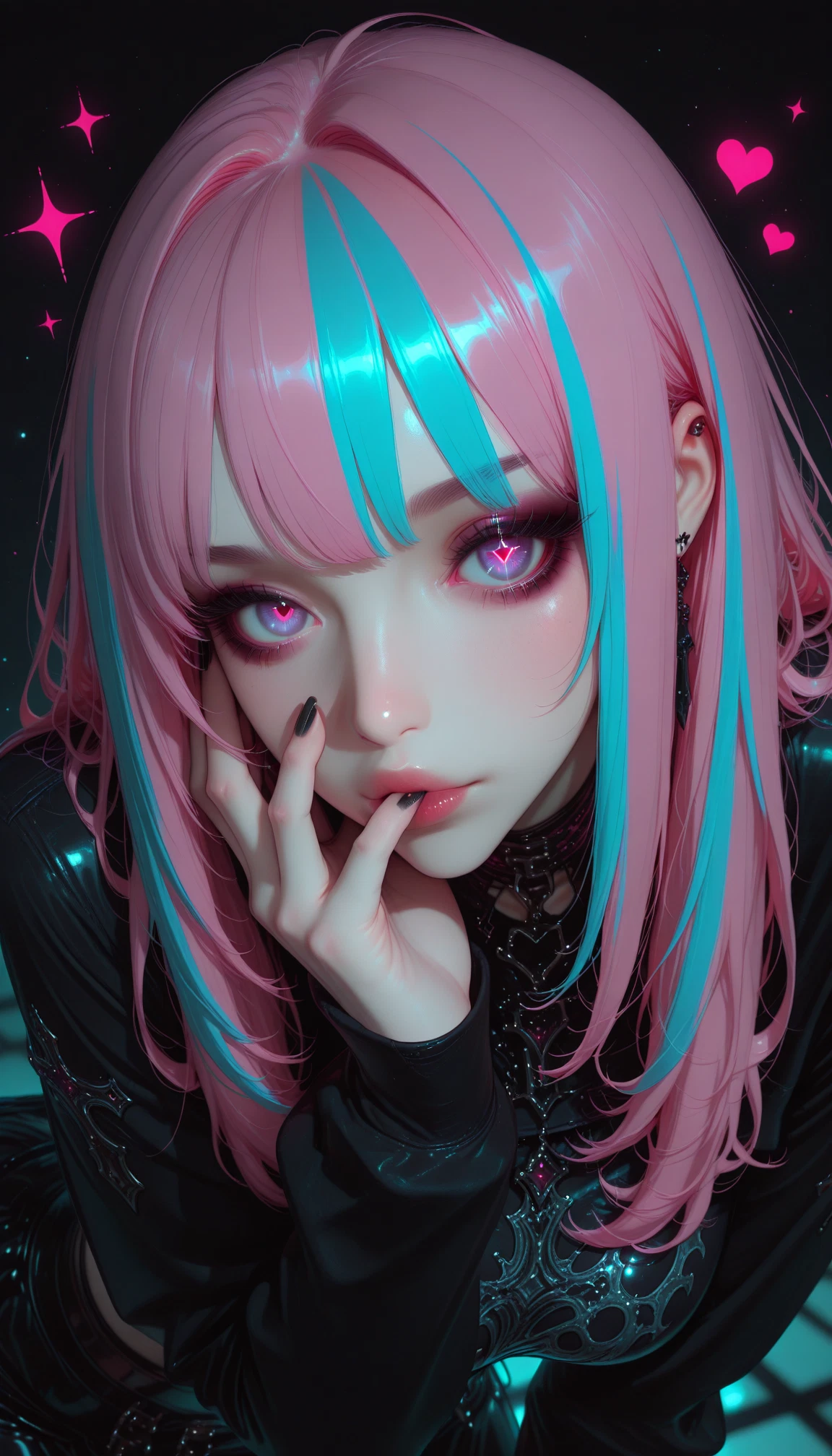 1girl, solo, pink hair, multicolored hair, heart, jewelry · Yamete.gg
