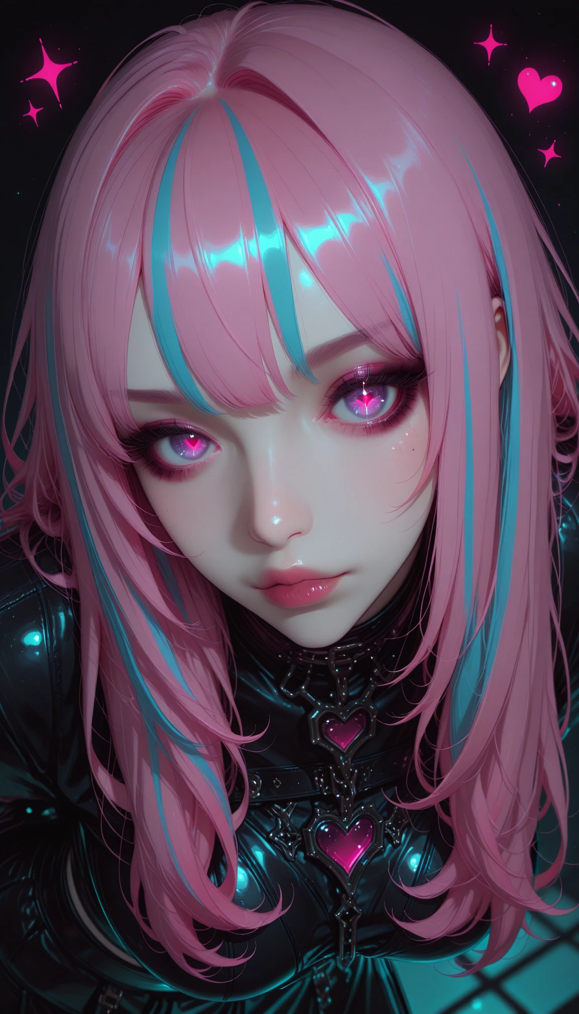 1girl, solo, pink hair, multicolored hair, looking at viewer, heart