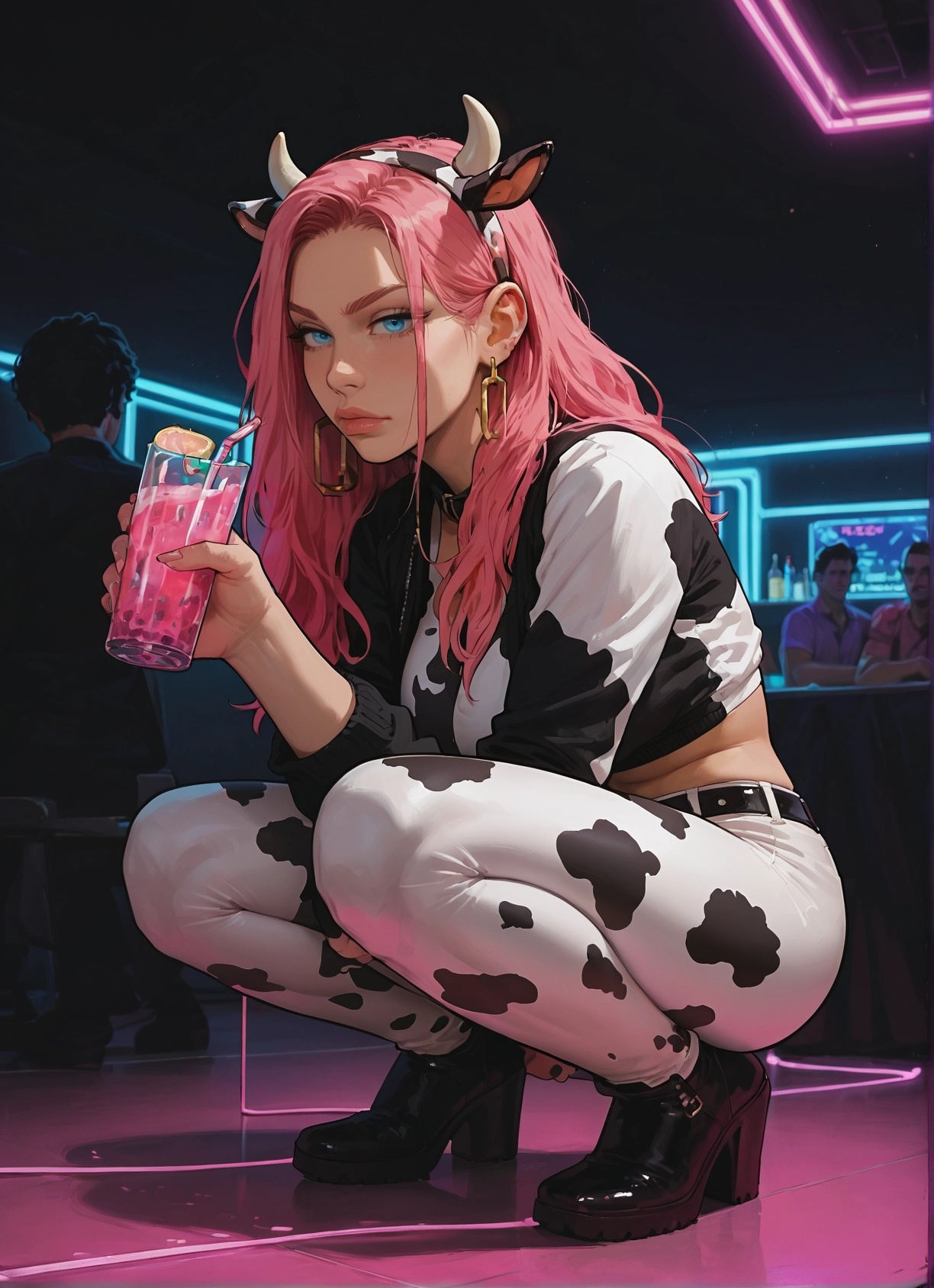 pink hair, jewelry, animal print, animal ears, earrings, squatting · Yamete.gg