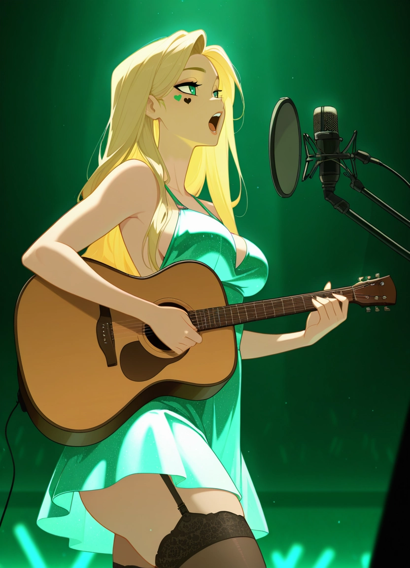 1girl, music, breasts, thighhighs, blonde hair, green eyes · Yamete.gg