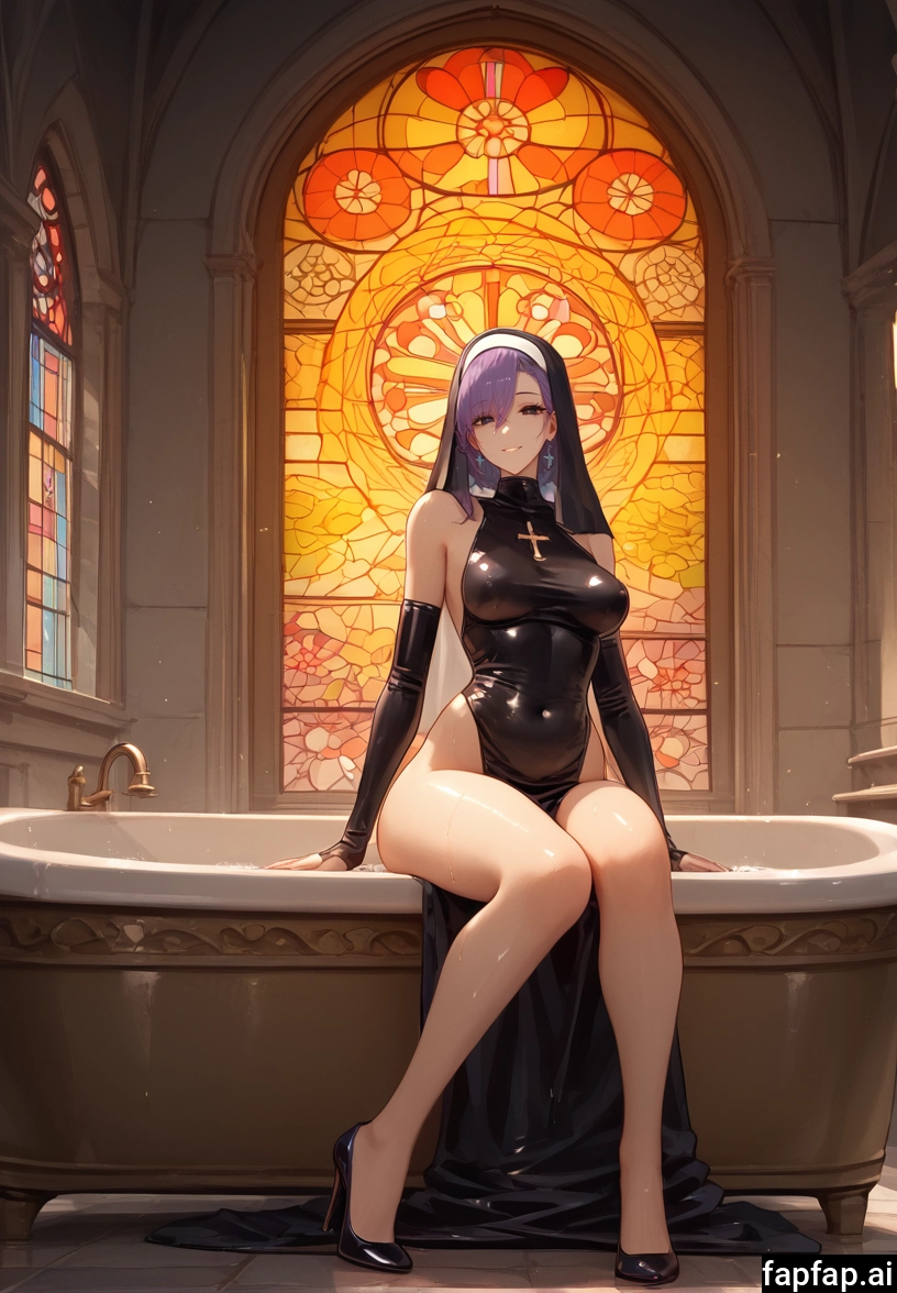1girl, breasts, solo, nun, stained glass, large breasts · Yamete.gg