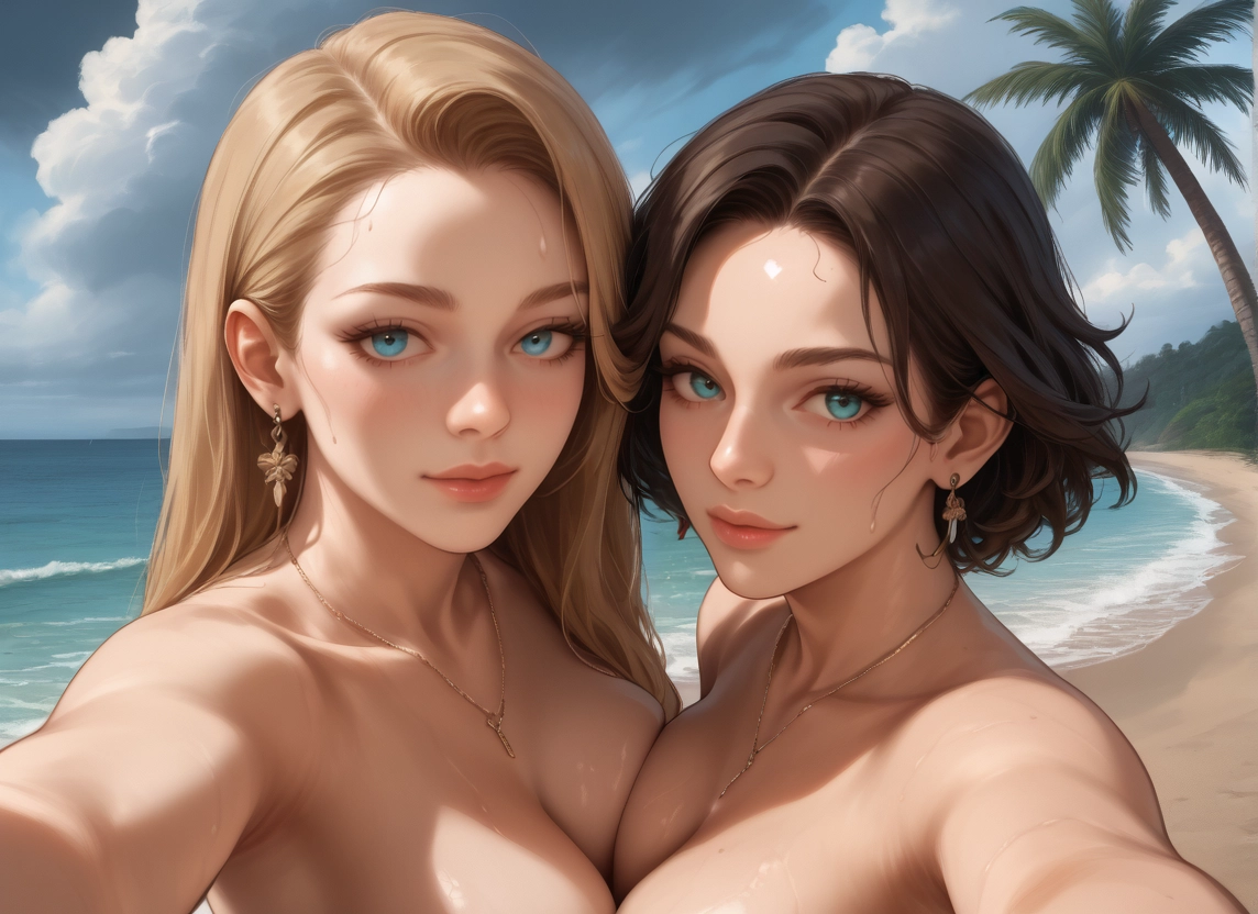 jewelry, multiple girls, 2girls, beach, outdoors, breasts · Yamete.gg