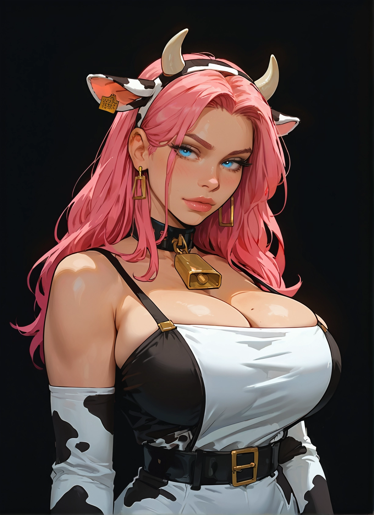 breasts, 1girl, pink hair, animal ears, animal print, bell · Yamete.gg