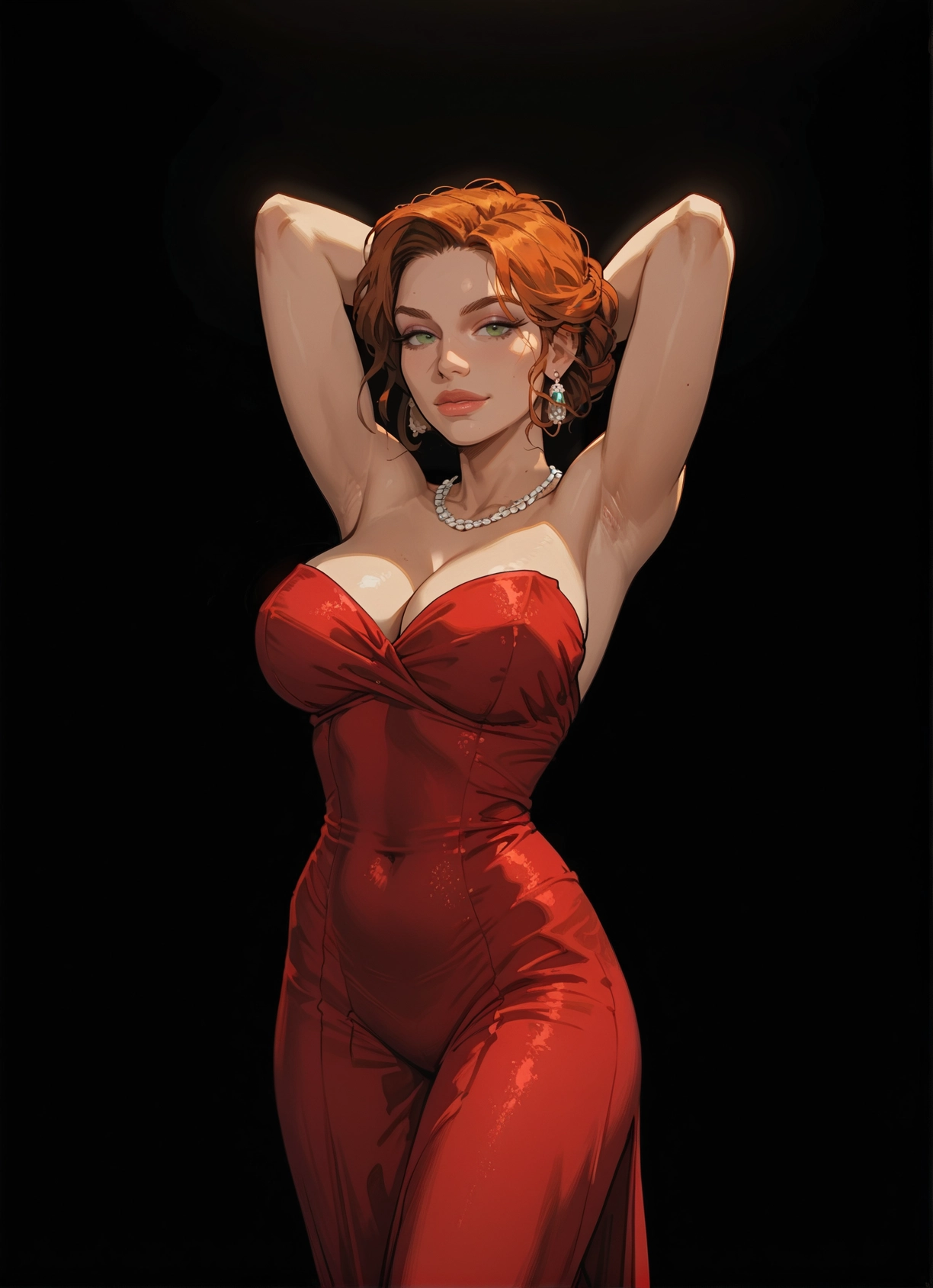 1girl, breasts, jewelry, dress, earrings, armpits · Yamete.gg