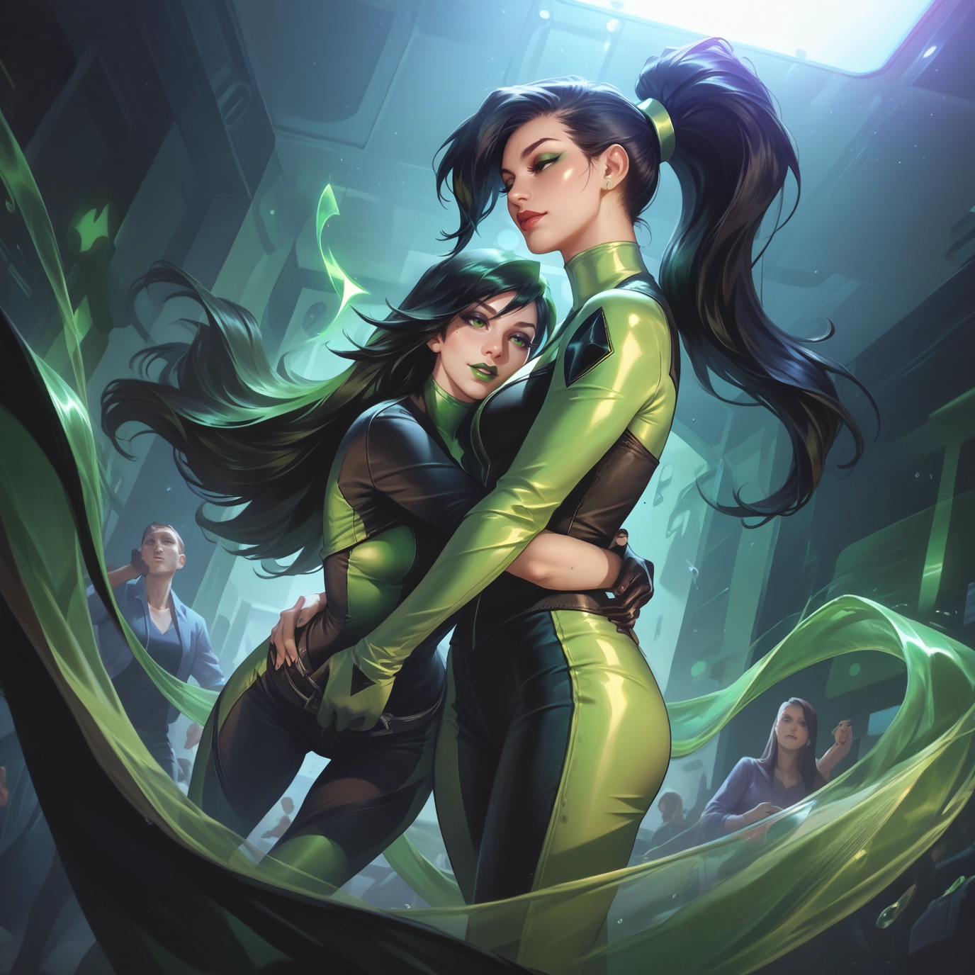multiple girls, 2girls, green eyes, bodysuit, long hair, ponytail · Yamete.gg