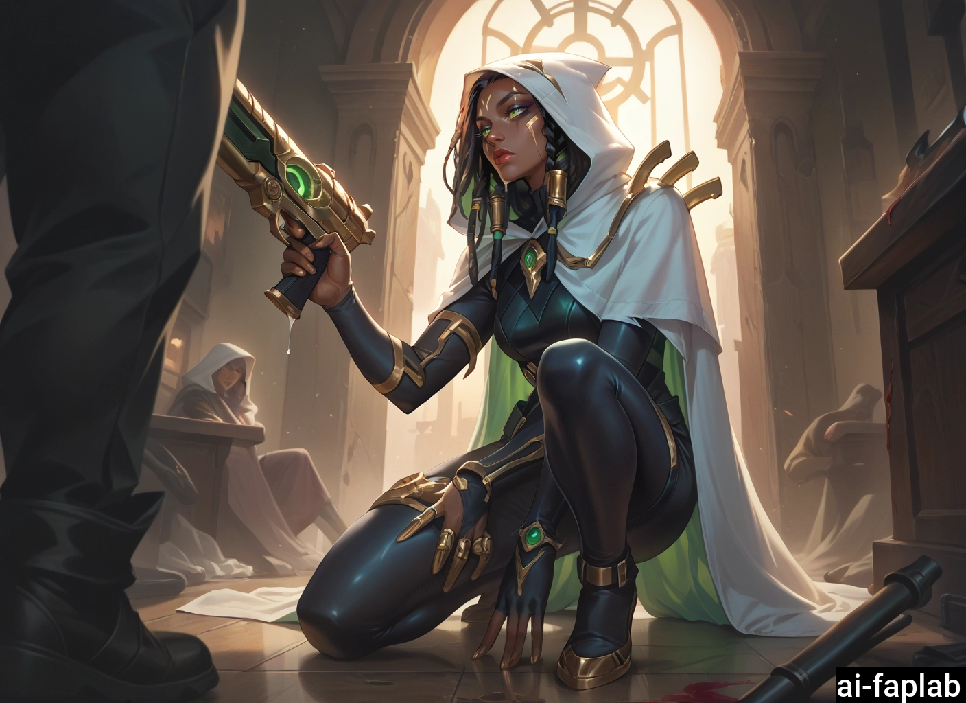 weapon, gun, dark skin, dark-skinned female, 1girl, green eyes · Yamete.gg