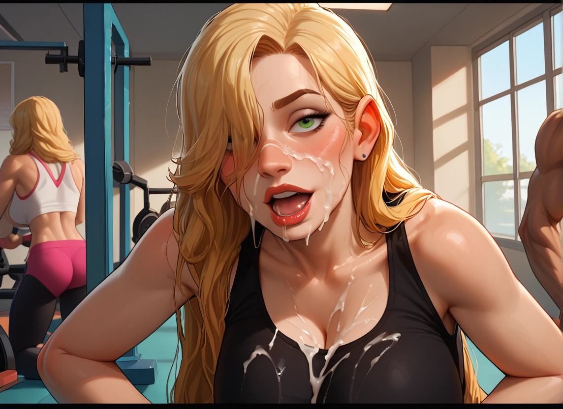 1girl, blonde hair, breasts, green eyes, 1boy, gym · Yamete.gg