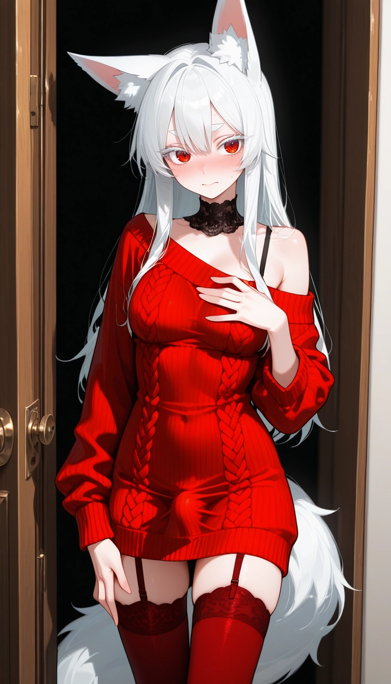 futanari, 1girl, solo, animal ears, red eyes, thighhighs