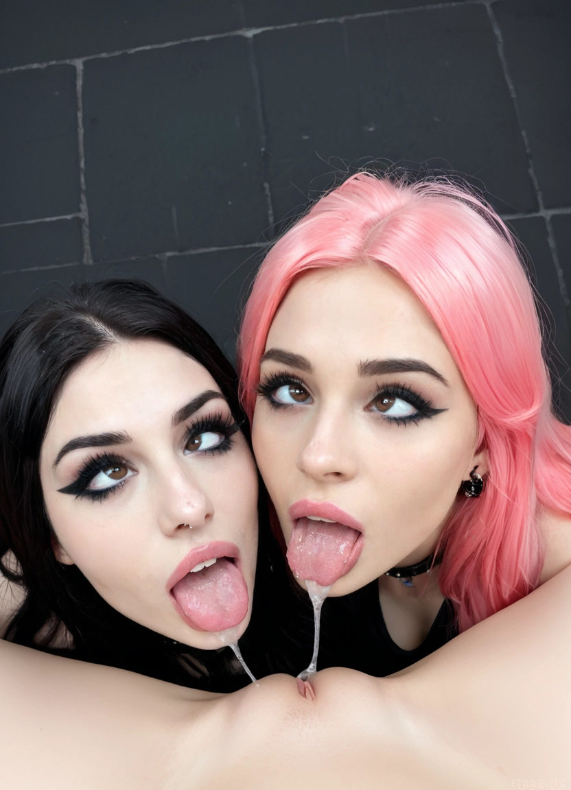 multiple girls, 2girls, tongue, brown eyes, makeup, eyeshadow · Yamete.gg