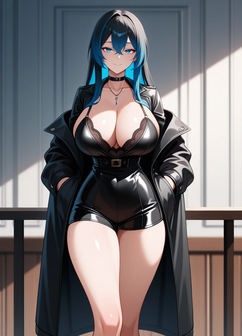 1girl, breasts, solo, multicolored hair, blue eyes, blue hair