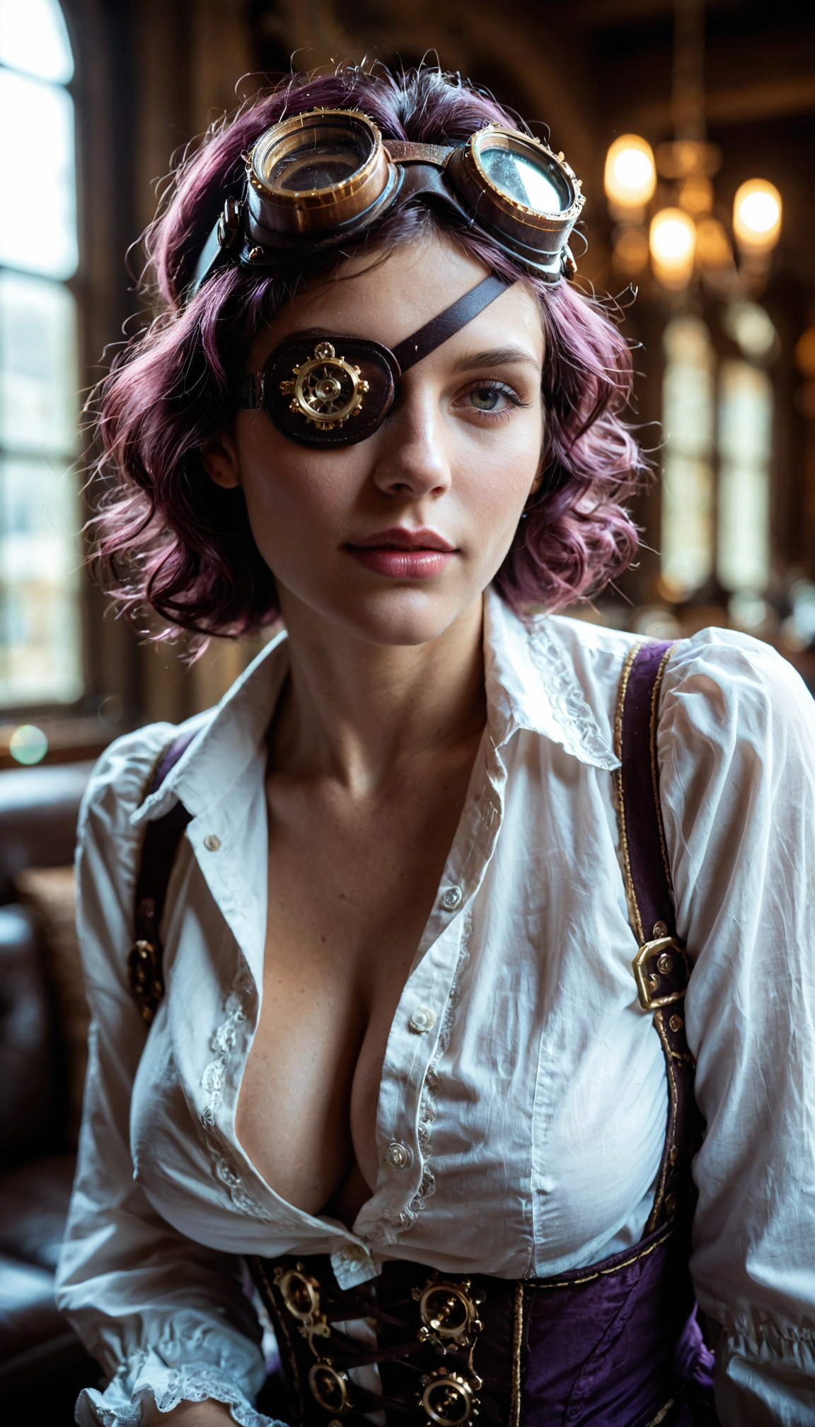 1girl, goggles, solo, breasts, steampunk, goggles on head · Yamete.gg