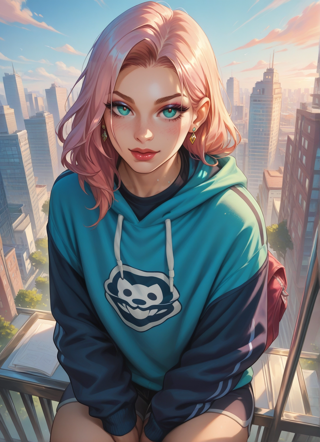 1girl, jewelry, earrings, solo, hood, pink hair · Yamete.gg