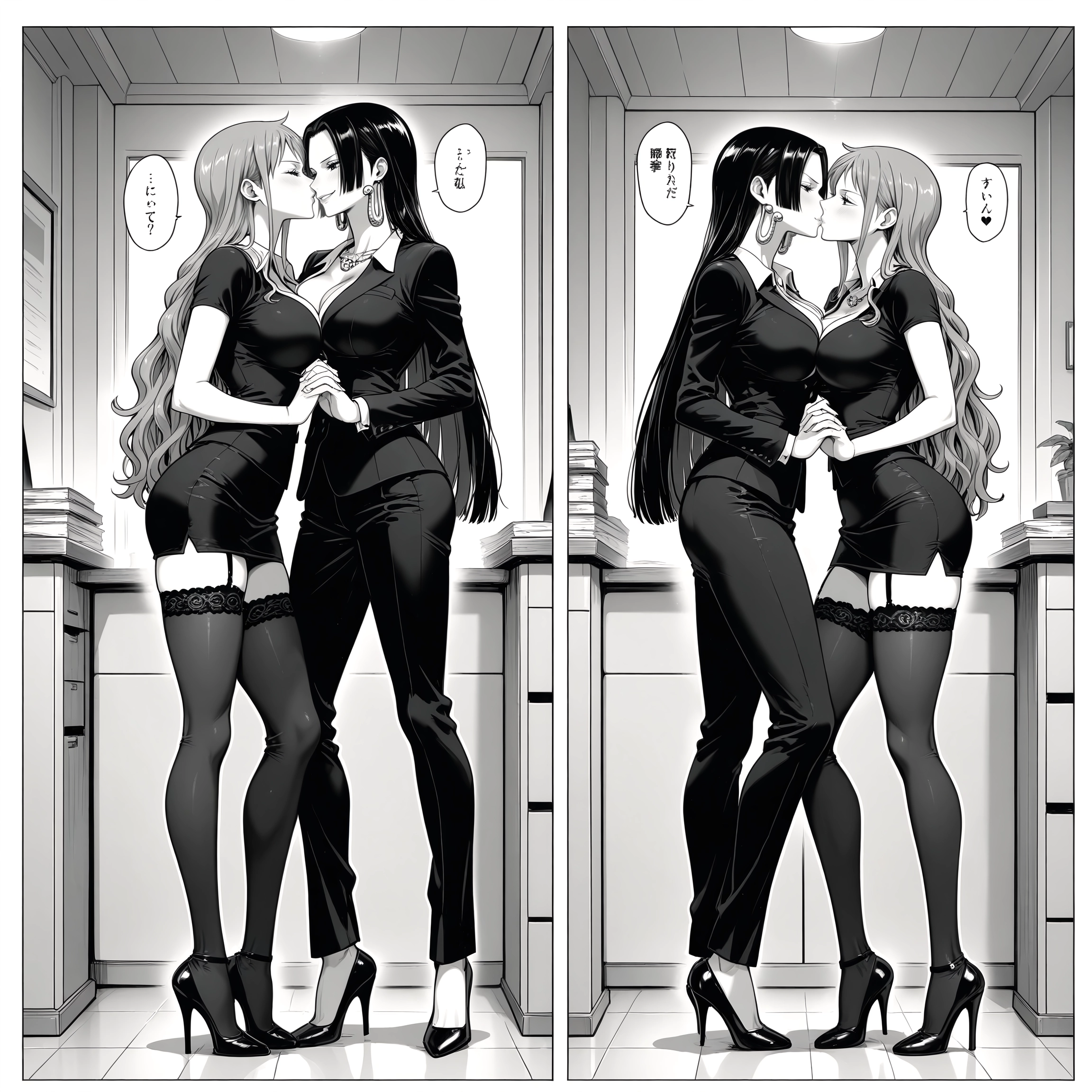 monochrome, greyscale, multiple girls, yuri, kiss, thighhighs · Yamete.gg