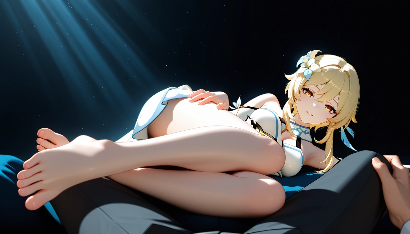 1girl, lumine (genshin impact), feet, barefoot, blonde hair, hair ornament · Yamete.gg