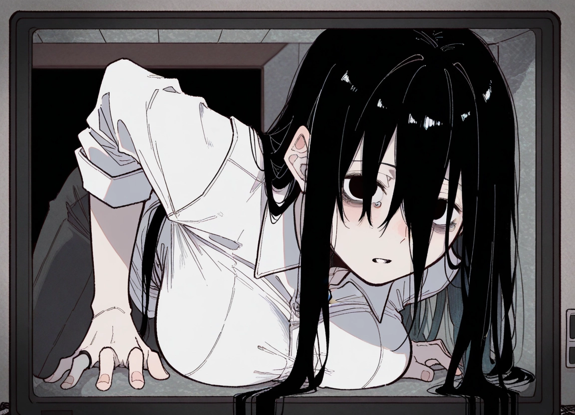 1girl, breasts, black hair, shirt, long hair, solo · Yamete.gg