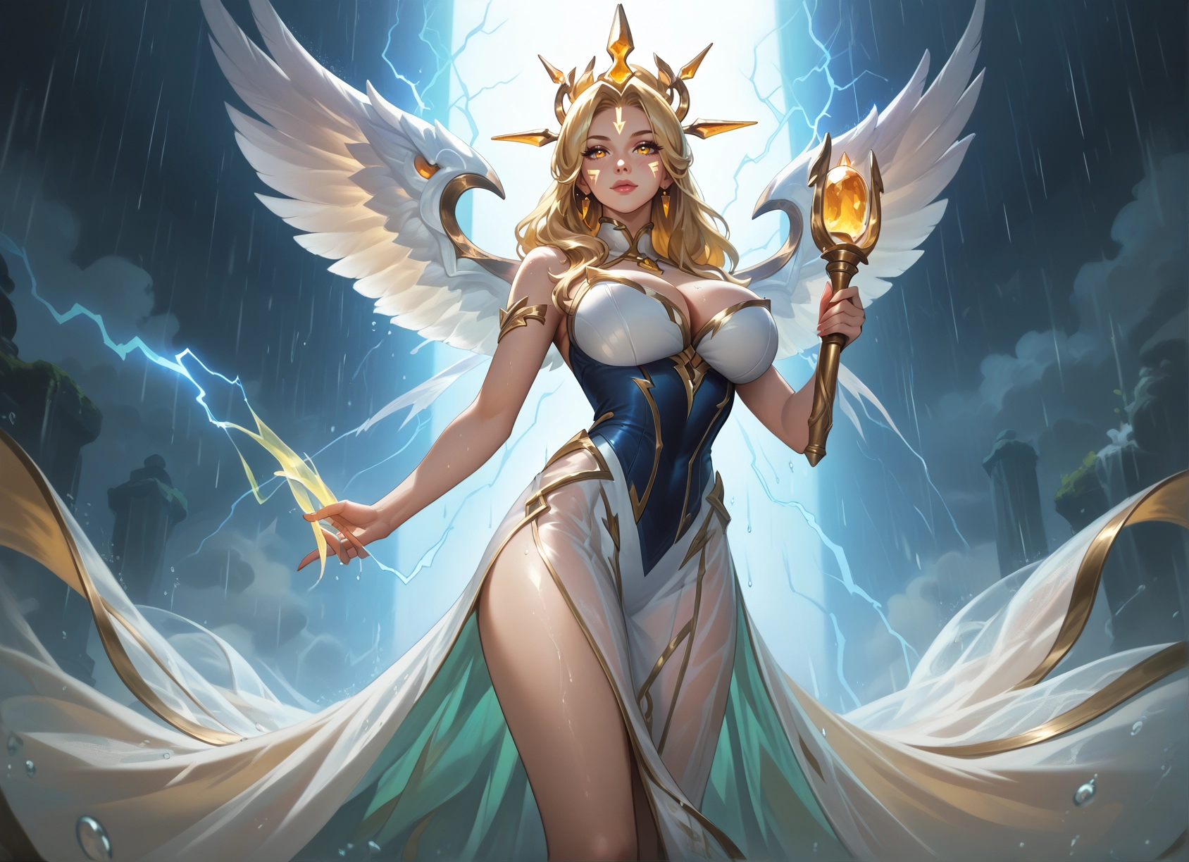 1girl, breasts, solo, rain, lightning, blonde hair · Yamete.gg