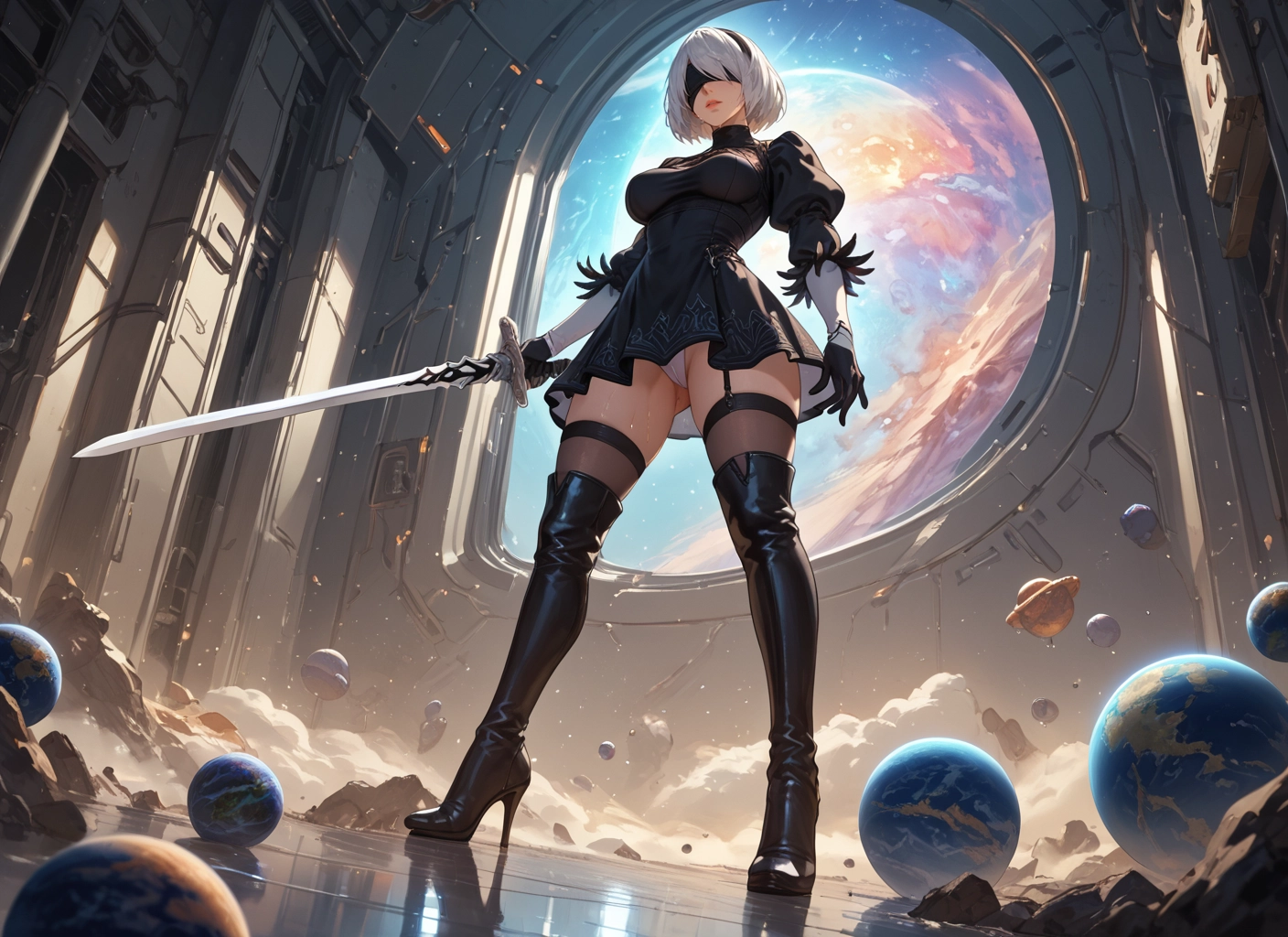 1girl, weapon, sword, blindfold, thighhighs, dress · Yamete.gg