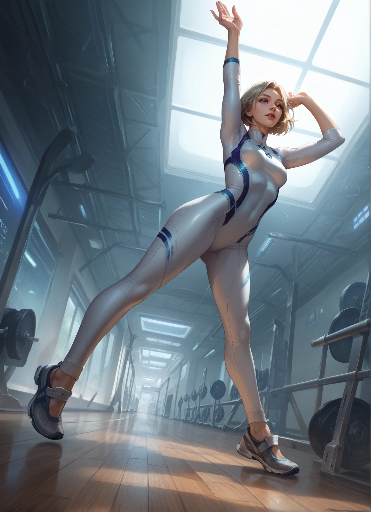 1girl, bodysuit, blonde hair, blue eyes, solo, short hair