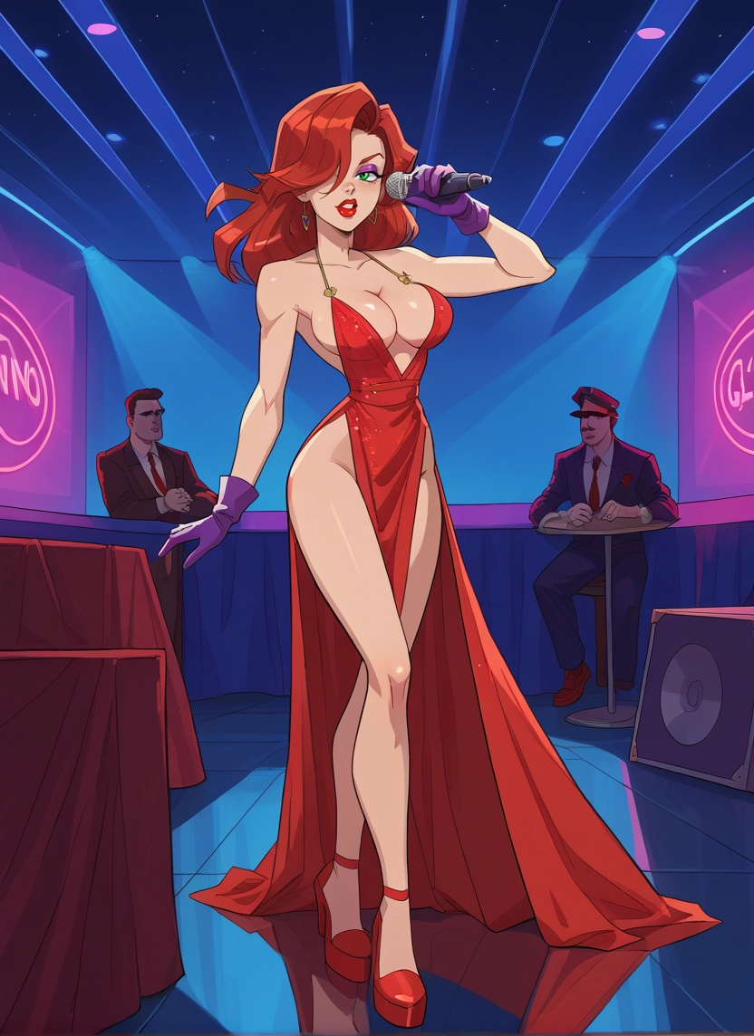 1girl, breasts, dress, microphone, gloves, jewelry · Yamete.gg